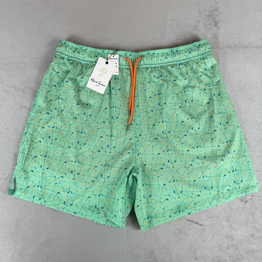 Robert Graham Swim Trunks Shorts Mens Large Green Golf Clubs Lined $98 New NWT
